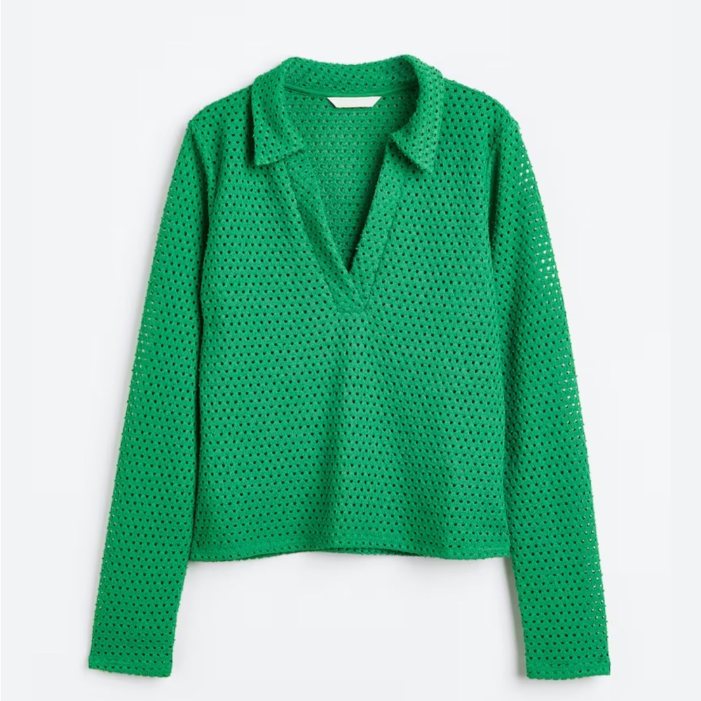 Women's Open-Knit Green Long-Sleeve Polo Top
